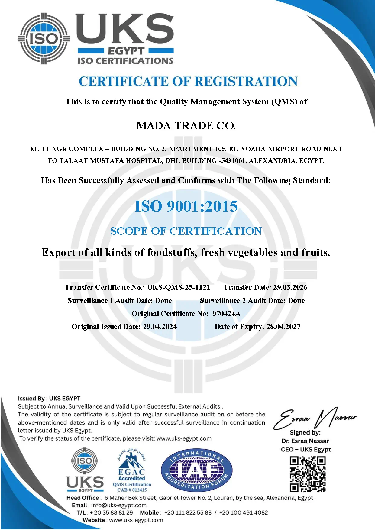 ISO 9001:2015 Certificate - MADA TRADE CO.
