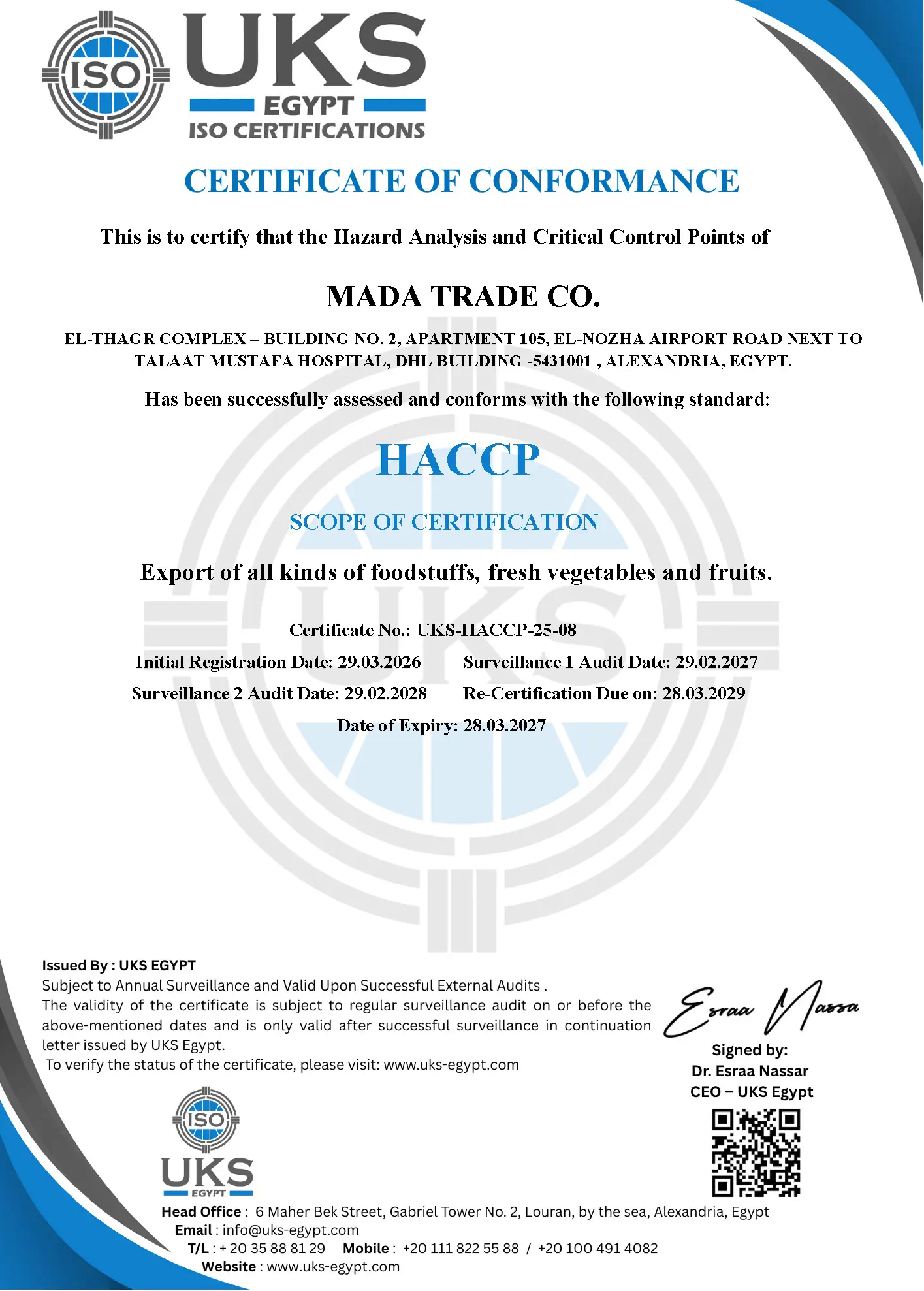 HACCP Certificate - MADA TRADE CO.